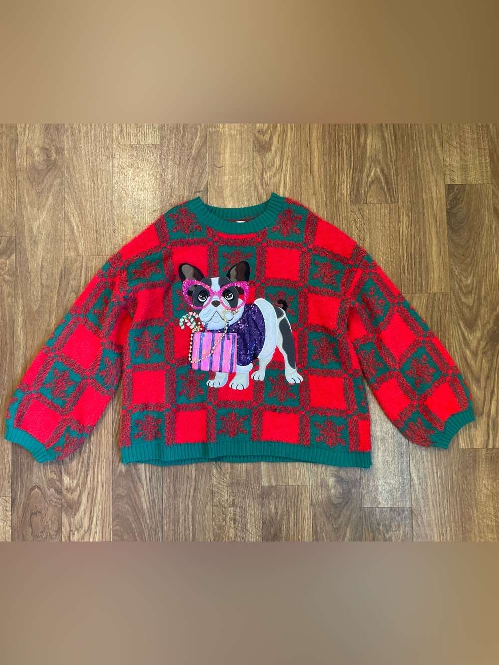 Holiday Time Christmas Sweater Plus Size 2X French Bulldog Sequin Beaded Sparkle